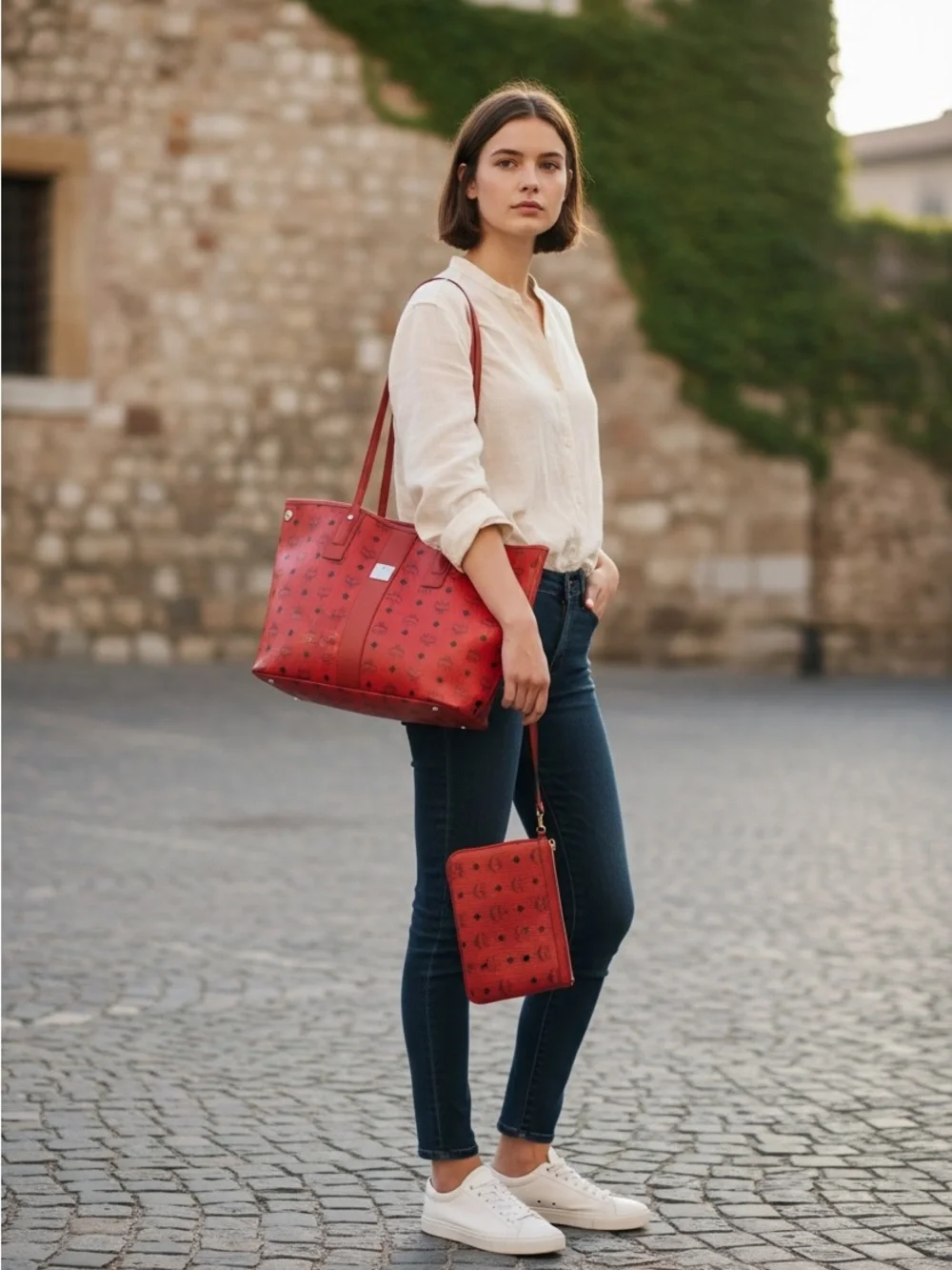 MCM Red Logo-Print Tote with Matching Pouch - Picture 7 of 7